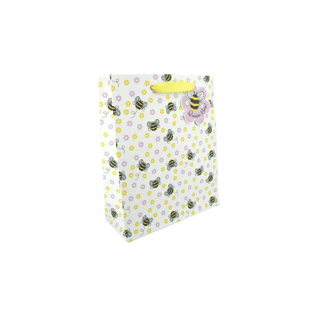 Large Queen Bee gift bag by Love Vivid featuring bold bee design and vibrant yellow background for special occasions.